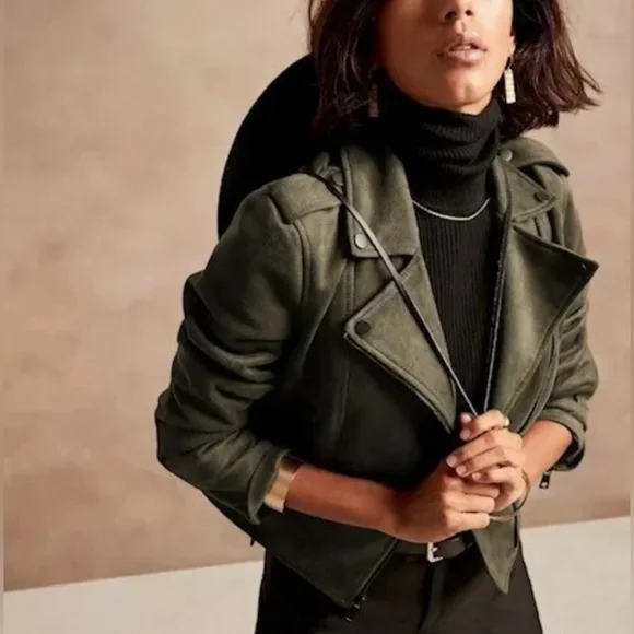 Banana Republic Green Vegan Faux Suede Motorcycle Jacket Size M - Picture 2 of 12
